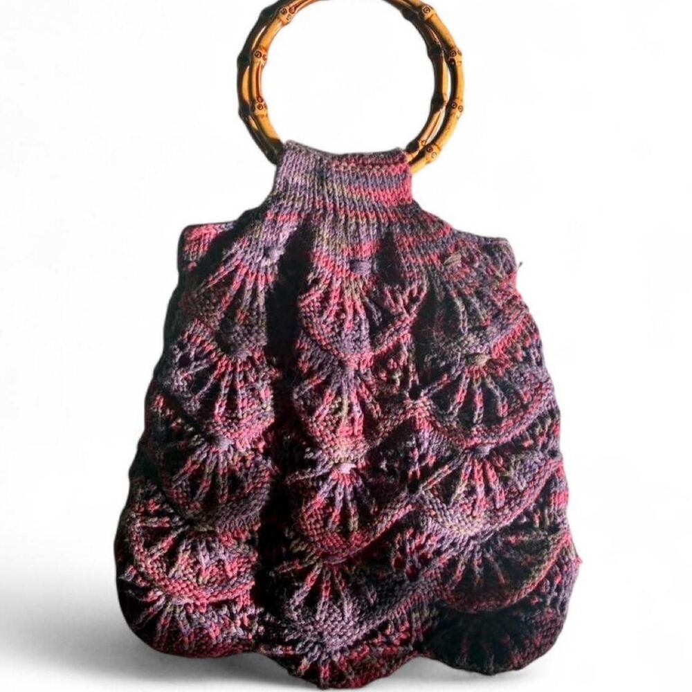 Handmade Hippie Purple Crochet Knit Bag with Wooden Handles